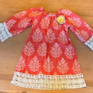 Coral Lace Trim Kids Casual Dress